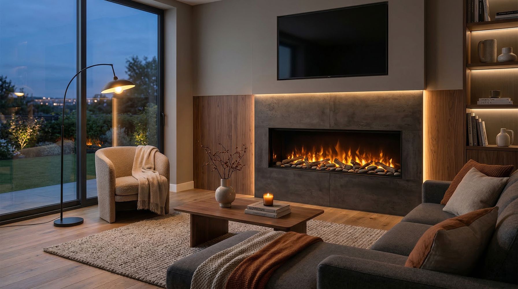 Современный очаг с декоративным светом в гостиной